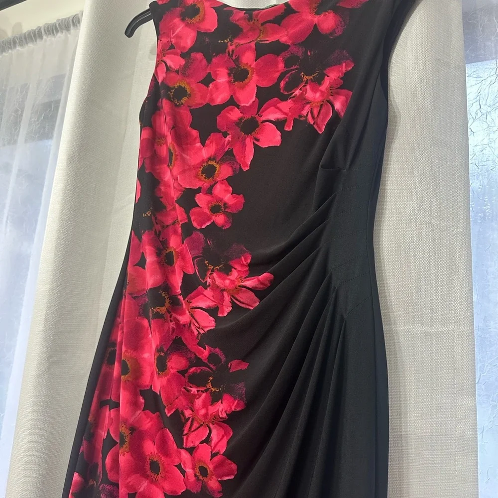 Ralph Lauren Asymmetrical Dress in Black with Pink Floral - Picture 2 of 4